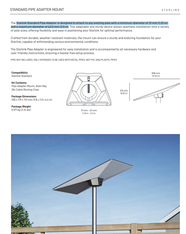 Starlink installation with Standard Pipe Adapter mount