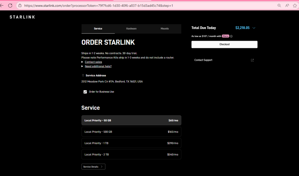 Starlink Order Page
