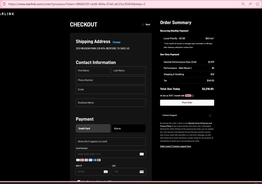 Starlink Checkout page